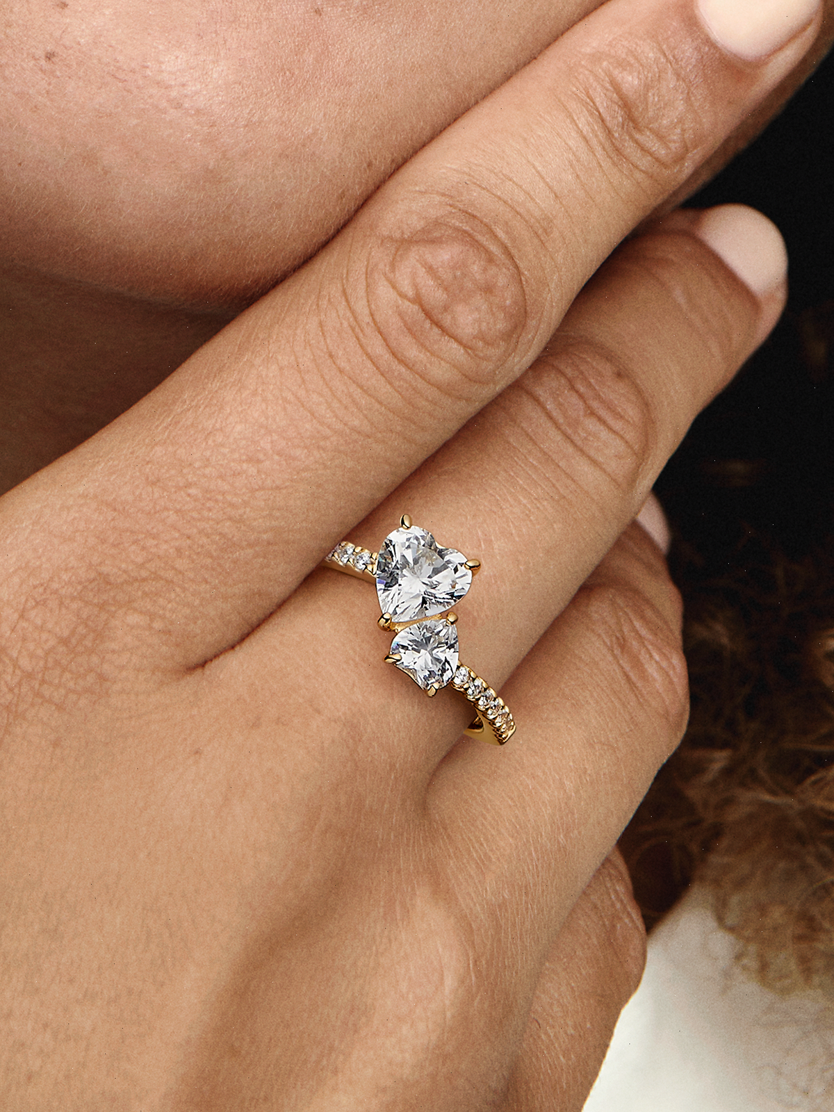 Double Heart Sparkling Ring - 14k gold plating