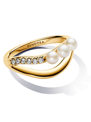 Treated Freshwater Cultured Pearl & Organically Shaped Double Band Ring - 14k gold plating