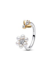 Bridgerton Bee & Treated Freshwater Cultured Pearl Flower Open Ring - Sterling silver, 14k gold plating