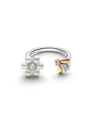 Bridgerton Bee & Treated Freshwater Cultured Pearl Flower Open Ring - Sterling silver, 14k gold plating