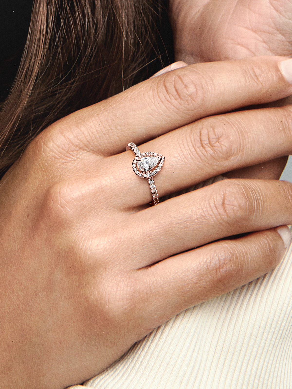 Sparkling Pear Halo Ring - 14k rose gold plating