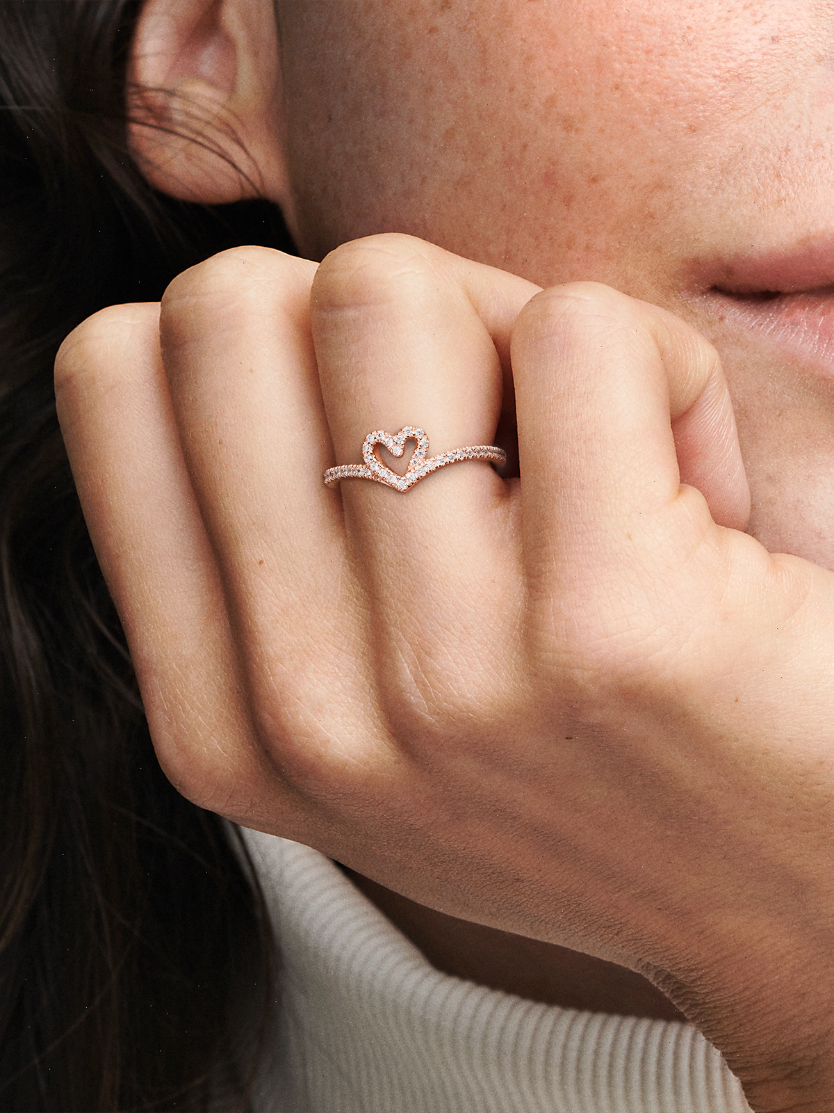 Sparkling Wishbone Heart Ring - 14k rose gold plating