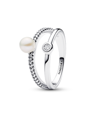 FINAL SALE - Treated Freshwater Cultured Pearl & Pavé Double Band Ring - Sterling silver