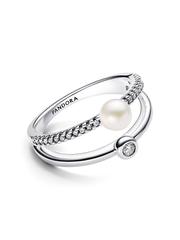 FINAL SALE - Treated Freshwater Cultured Pearl & Pavé Double Band Ring - Sterling silver