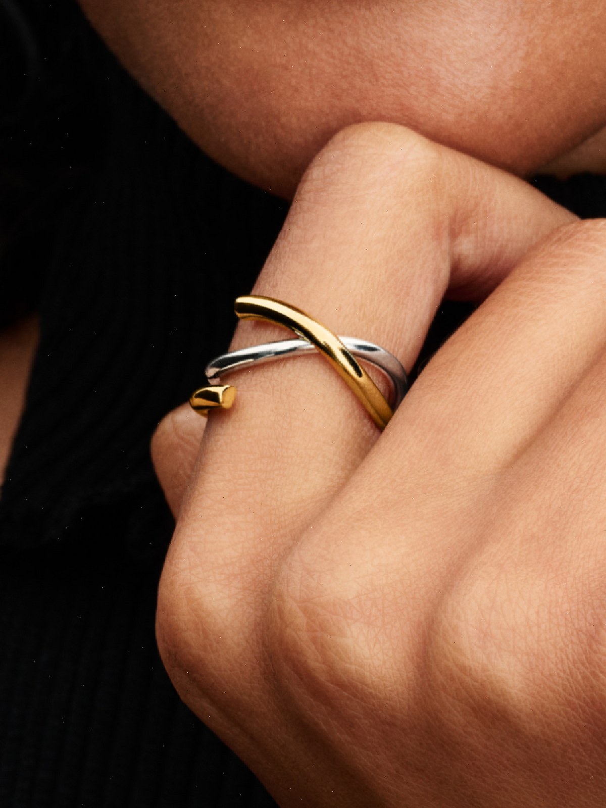 Organically Shaped Two-tone Double Ring - Sterling silver, 14k gold plating