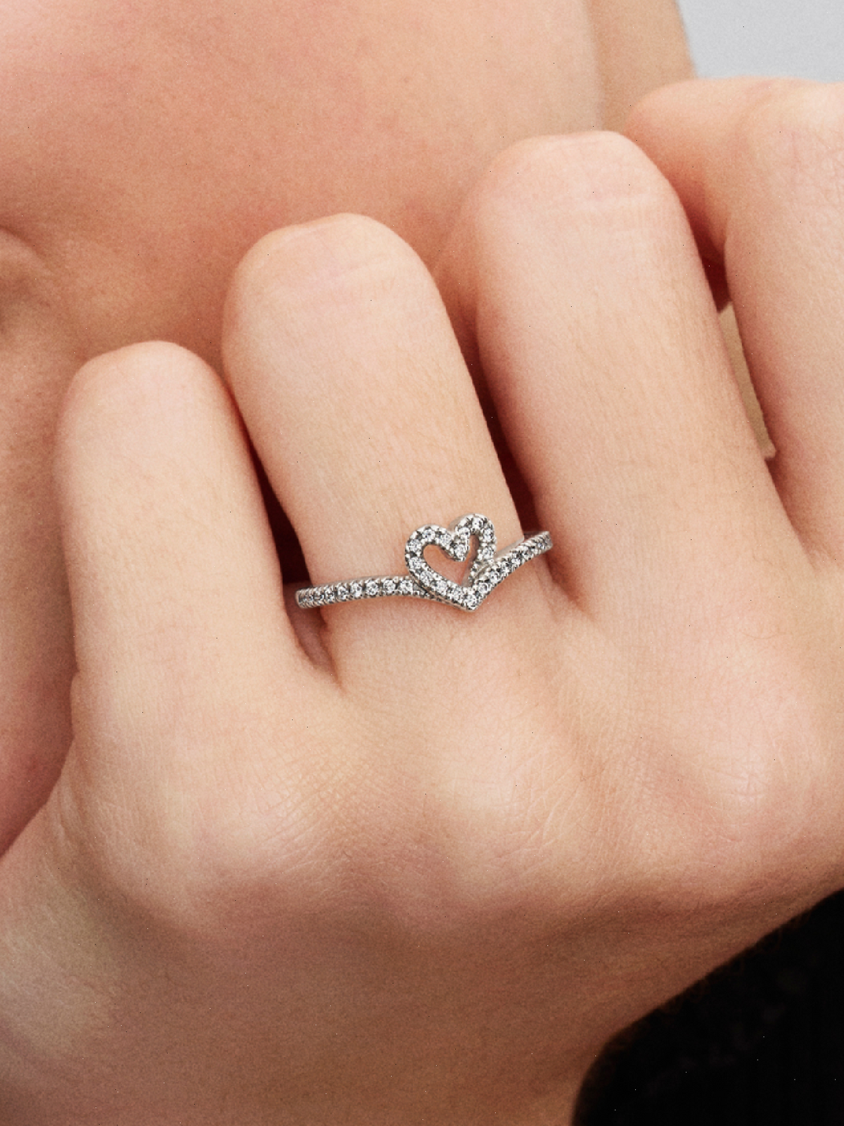 Sparkling Wishbone Heart Ring - Sterling silver