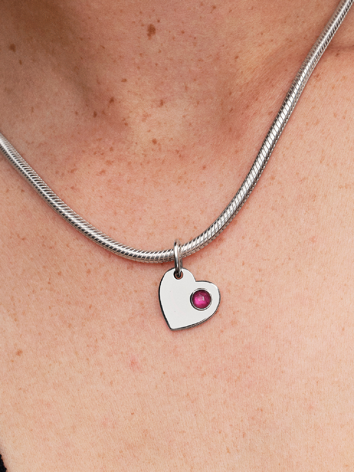 July Engravable Heart True Red Stone Dangle Charm - Sterling silver