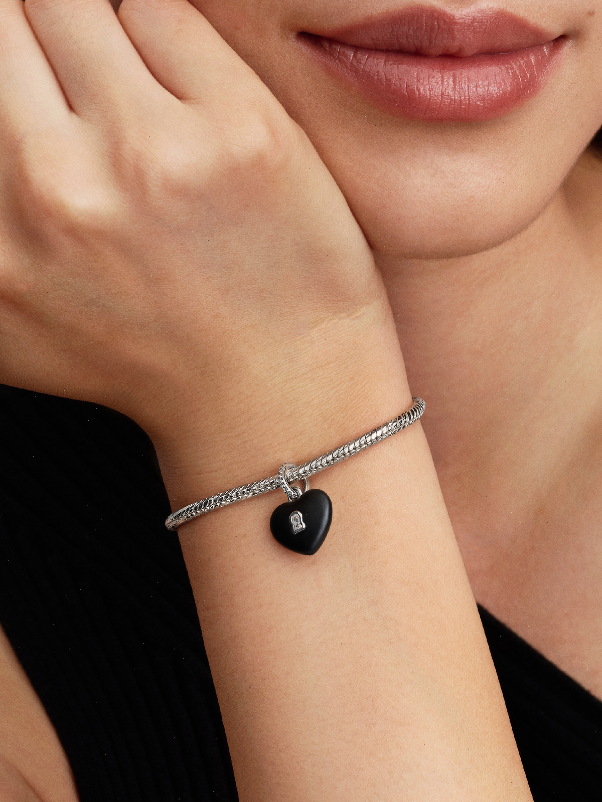 Matte Black Ceramic Heart Padlock Dangle Charm - Sterling silver