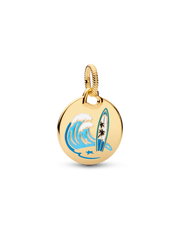 Surfing Round Tag Dangle Charm - 14k gold plating