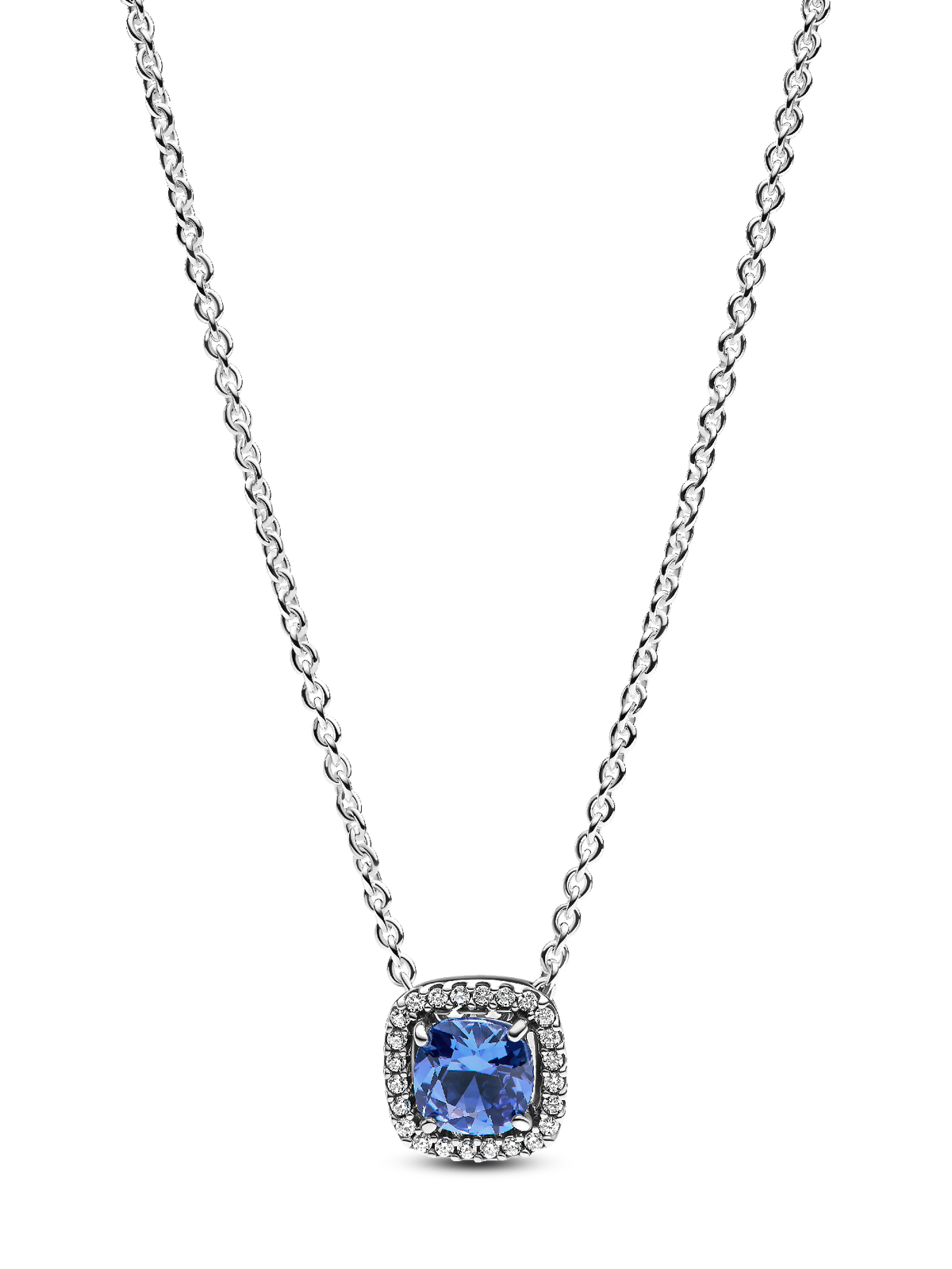 Sparkling Square Blue Halo Pendant Necklace - Sterling silver