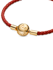 Pandora Moments Red Woven Leather Bracelet - 14k gold plating