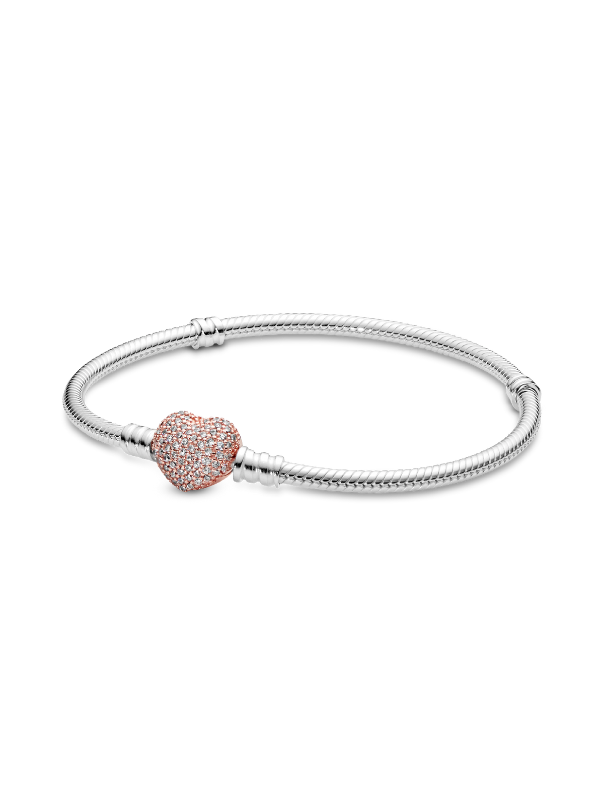 Pandora Moments Pavé Heart Clasp Snake Chain Bracelet - Sterling silver, 14k rose gold plating