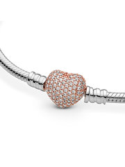 Pandora Moments Pavé Heart Clasp Snake Chain Bracelet - Sterling silver, 14k rose gold plating