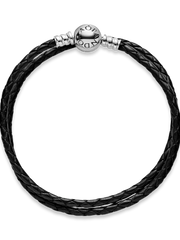 Pandora Moments Double Black Leather Bracelet - Sterling silver