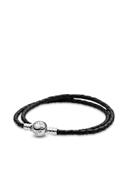 Pandora Moments Double Black Leather Bracelet - Sterling silver