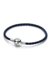 FINAL SALE - Pandora Moments Round Clasp Blue Braided Leather Bracelet - Sterling silver