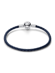 FINAL SALE - Pandora Moments Round Clasp Blue Braided Leather Bracelet - Sterling silver