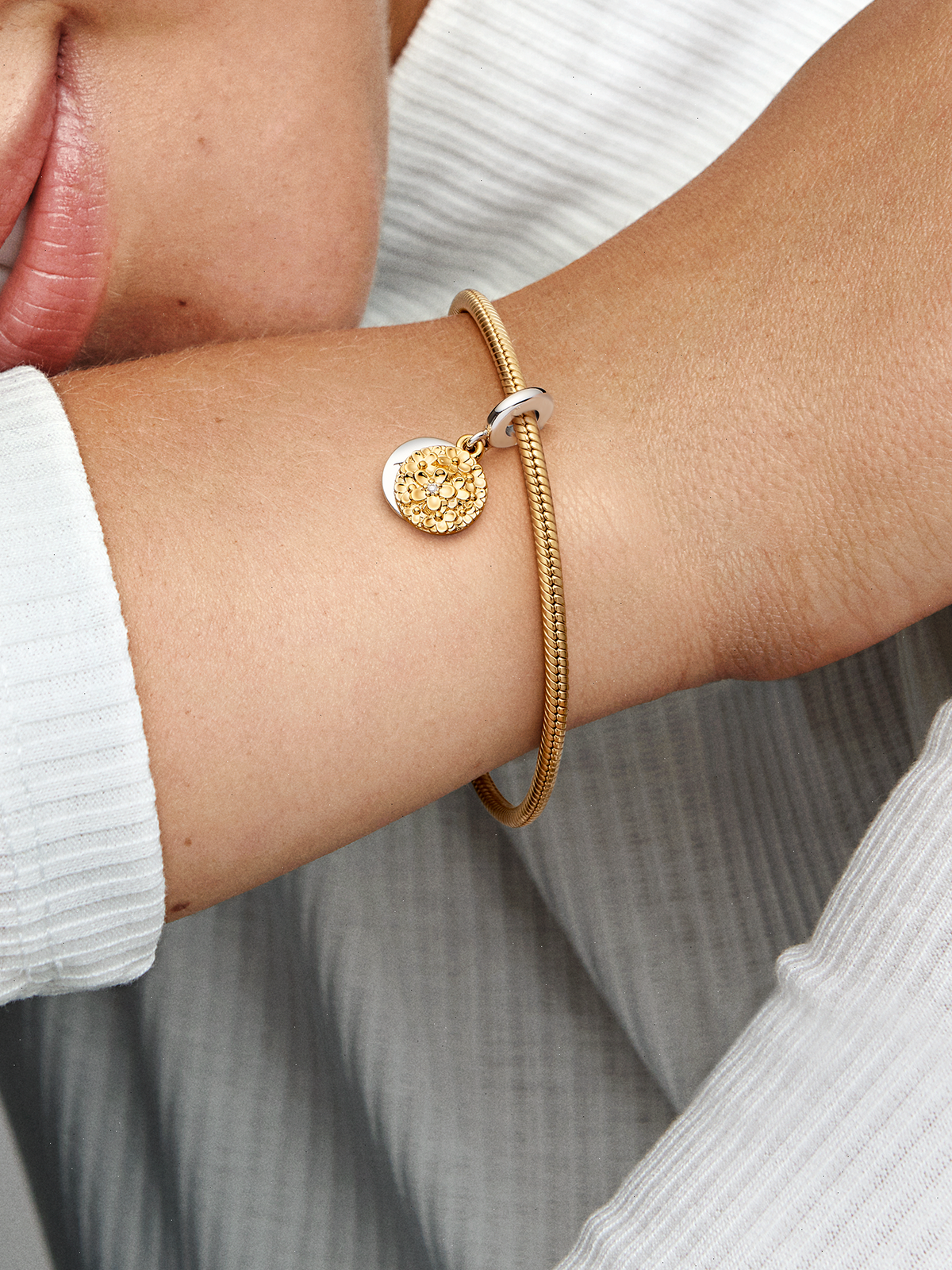 My Pandora Two-tone Daisy Double Dangle Charm - 0.009 ct TW, Sterling silver, 14k gold plating