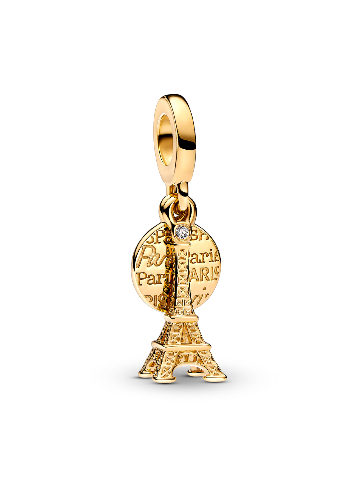 Paris Eiffel Tower Lab-Grown Diamond Engravable Double Dangle Charm - 0.009 ct TW, 14k gold plating