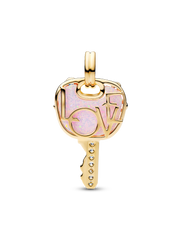 Opalescent Pink Love Key Large Dangle Charm - 14k gold plating