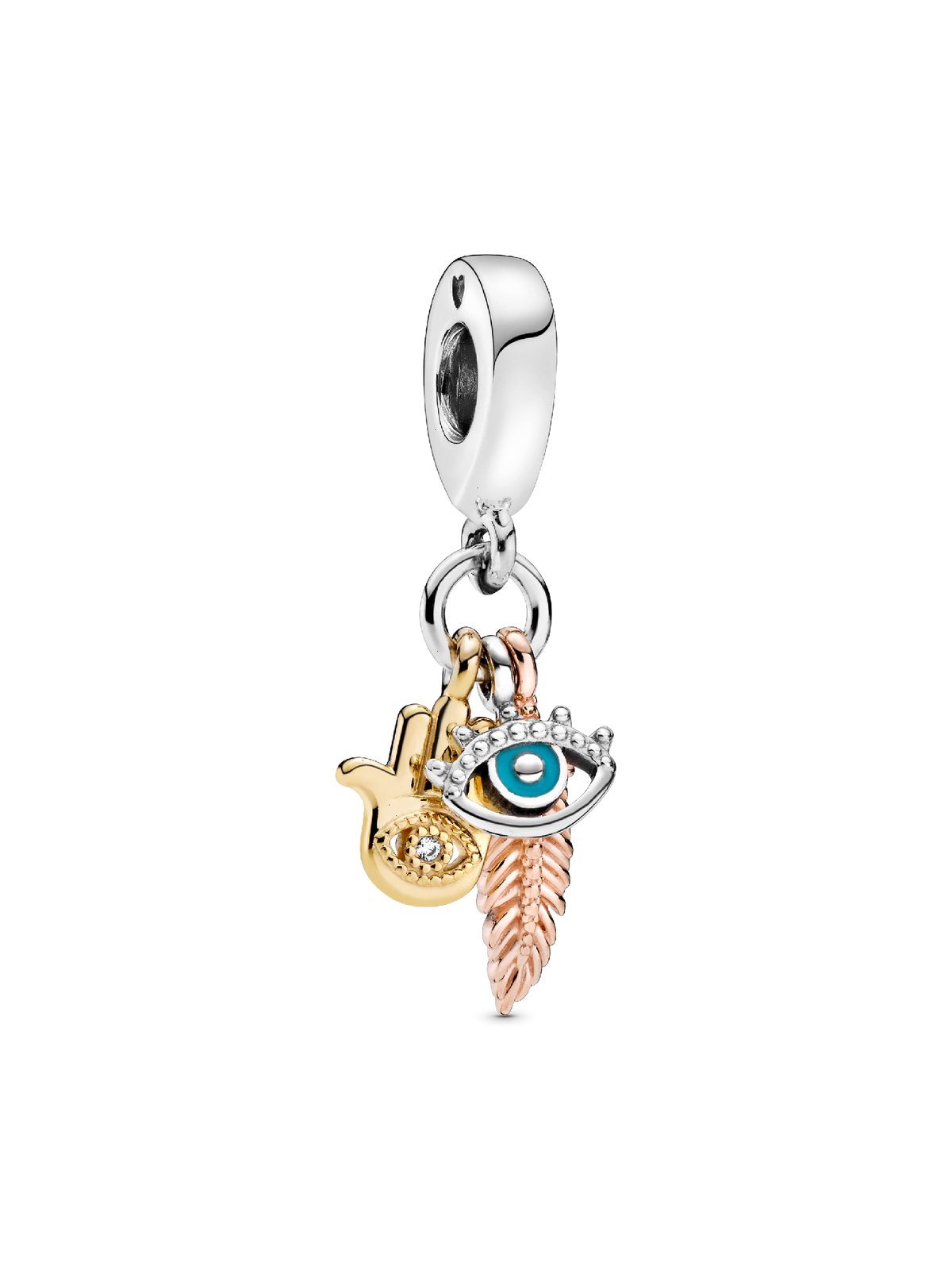 FINAL SALE - Hamsa, All-seeing Eye & Feather Spirituality Dangle Charm - Sterling silver, 14k gold plating, 14k rose gold plating