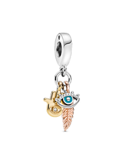 FINAL SALE - Hamsa, All-seeing Eye & Feather Spirituality Dangle Charm - Sterling silver, 14k gold plating, 14k rose gold plating