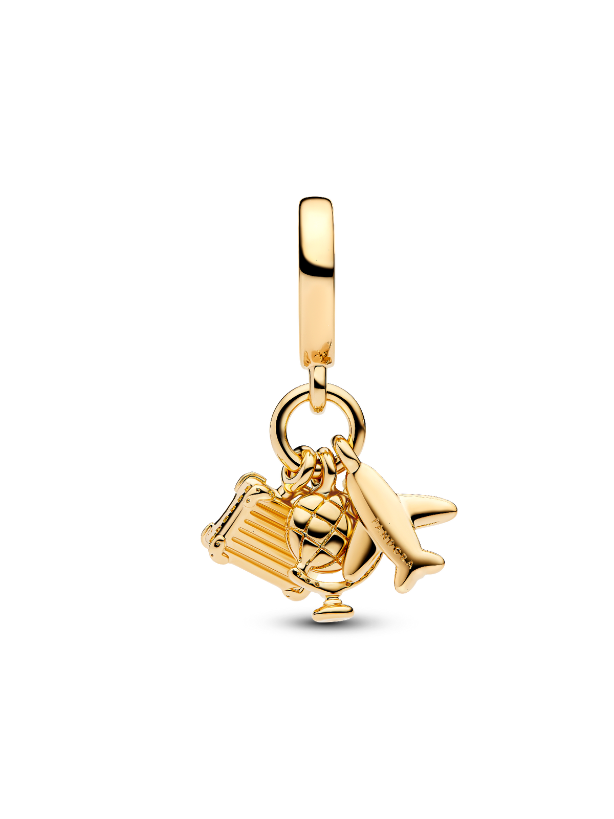 Airplane, Globe & Suitcase Triple Dangle Charm - 14k gold plating