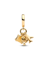 Airplane, Globe & Suitcase Triple Dangle Charm - 14k gold plating