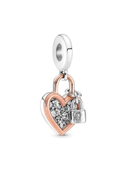 Heart Padlock Double Dangle Charm - Sterling silver, 14k rose gold plating