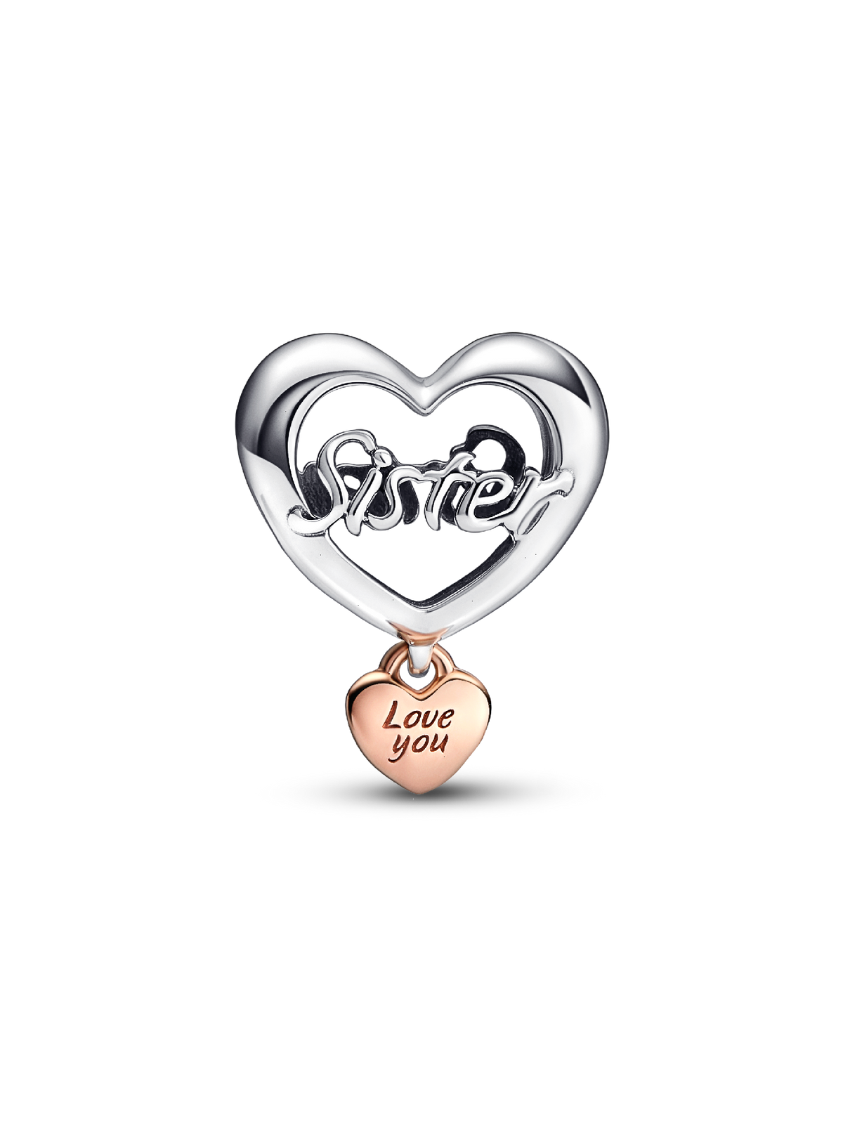 Love You Sister Heart Charm - Sterling silver, 14k rose gold plating