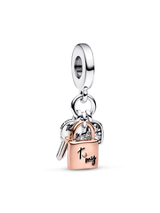 Two-tone Key, Padlock & Heart Triple Dangle Charm - Sterling silver, 14k rose gold plating
