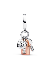 Two-tone Key, Padlock & Heart Triple Dangle Charm - Sterling silver, 14k rose gold plating