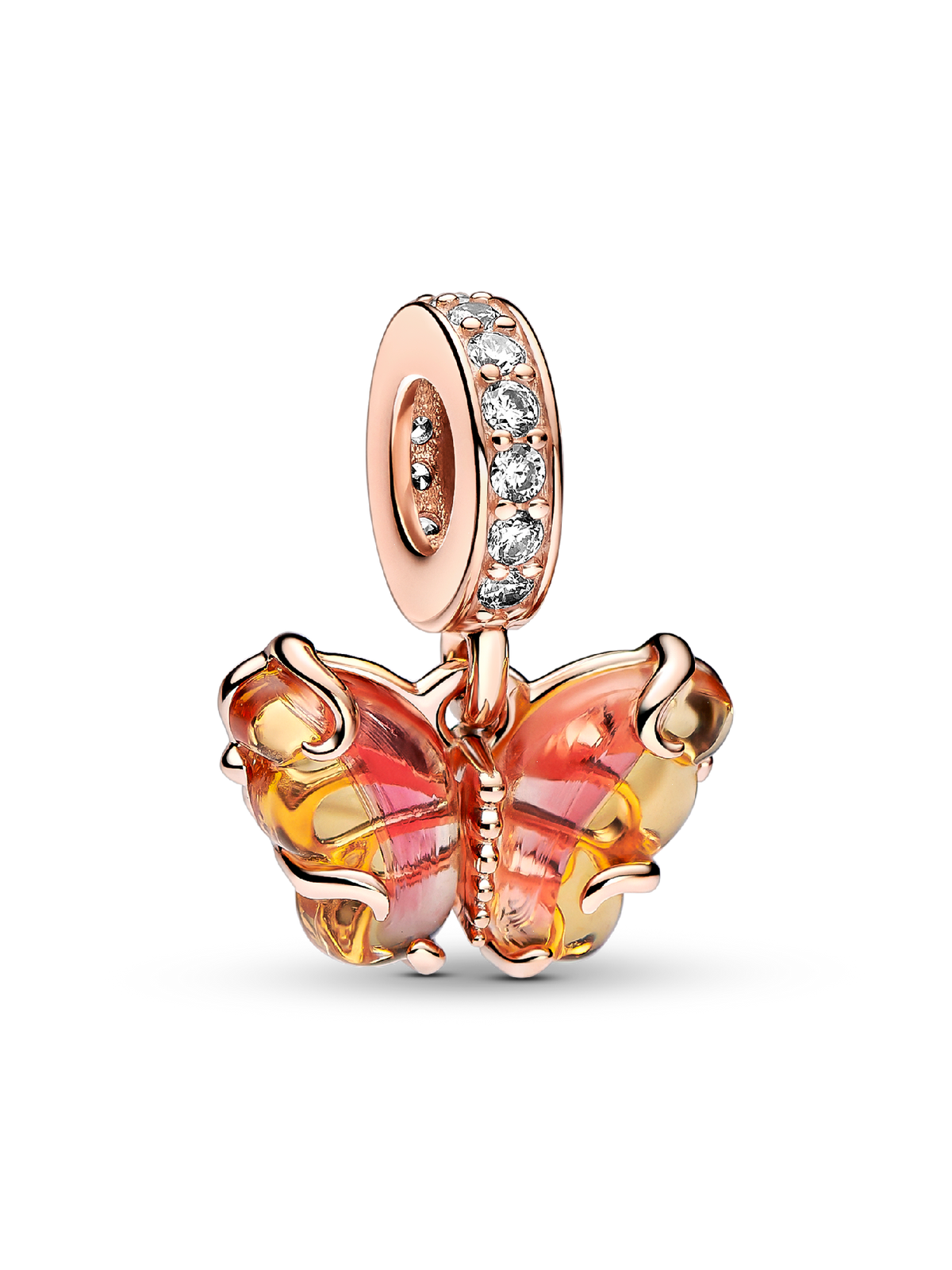 Pink & Yellow Murano Glass Butterfly Dangle Charm - 14k rose gold plating