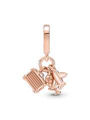 Airplane, Globe & Suitcase Triple Dangle Charm - 14k rose gold plating