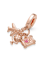 Airplane, Globe & Suitcase Triple Dangle Charm - 14k rose gold plating