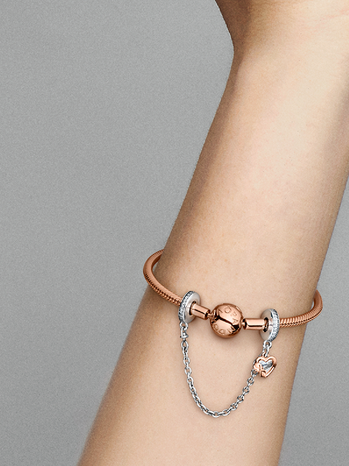 Family Heart Safety Chain Charm - Sterling silver, 14k rose gold plating