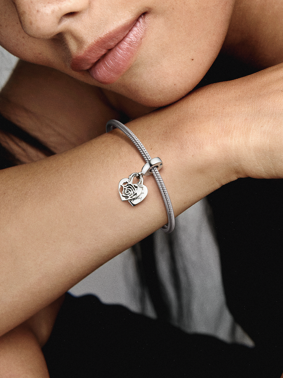 Rose Heart Padlock Dangle Charm - Sterling silver