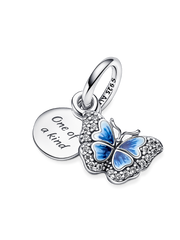 Blue Butterfly & Quote Double Dangle Charm - Sterling silver