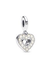 Pearlescent White Heart Double Dangle Charm - Sterling silver