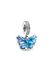 Blue Murano Glass Butterfly Dangle Charm - Sterling silver