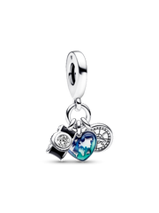 Camera, Heart & Compass Triple Dangle Charm - Sterling silver