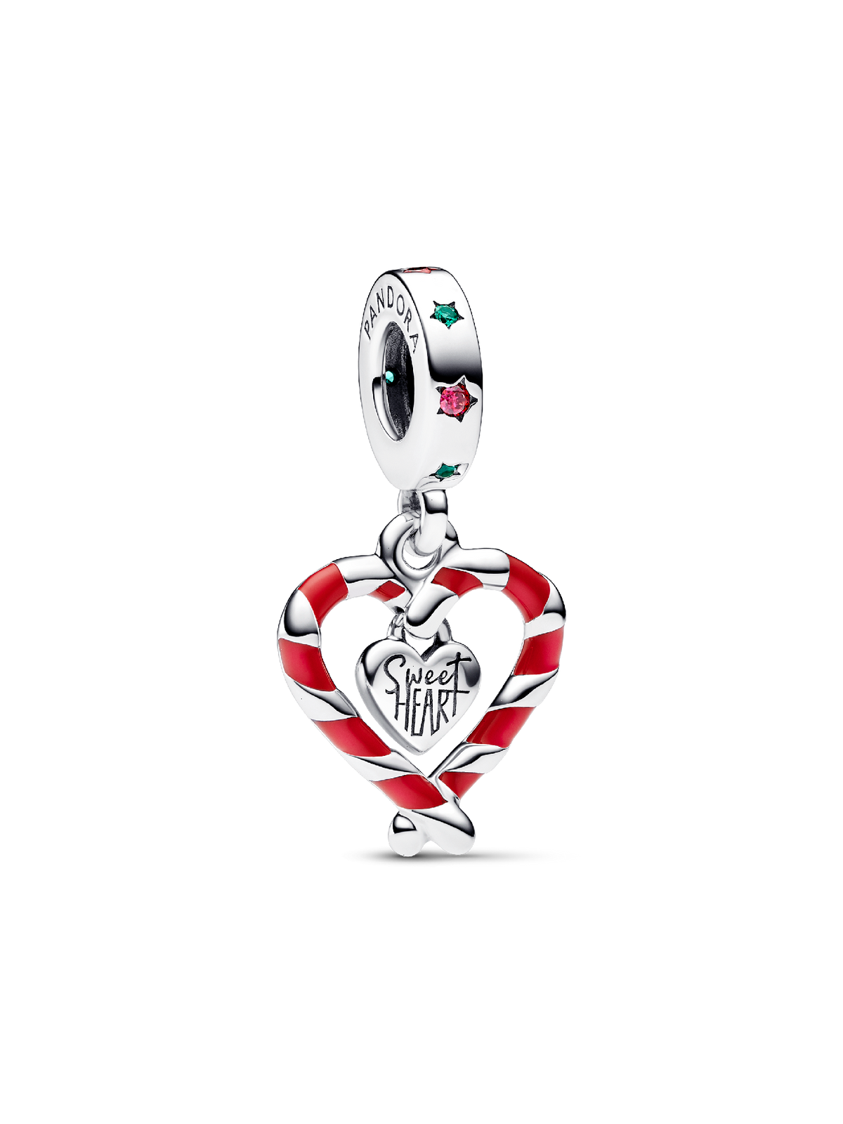 Double Candy Cane Heart Christmas Dangle Charm - Sterling silver