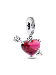Red Heart & Arrow Murano Glass Dangle Charm - Sterling silver