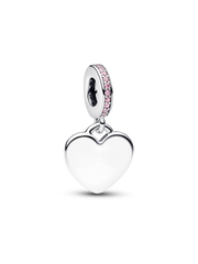 Engravable Heart Pink Stone Dangle Charm - Sterling silver