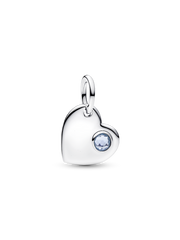 March Engravable Aqua Blue Stone Heart Dangle Charm - Sterling silver