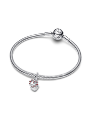 Connected Hearts & Red Stones Dangle Charm - Sterling silver