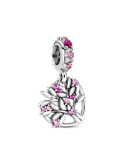 Pink Heart Family Tree Dangle Charm - Sterling silver