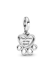 Hearts & Paw Print Dangle Charm - Sterling silver