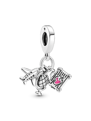 Airplane, Globe & Suitcase Dangle Charm - Sterling silver