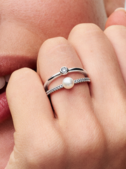 FINAL SALE - Treated Freshwater Cultured Pearl & Pavé Double Band Ring - Sterling silver